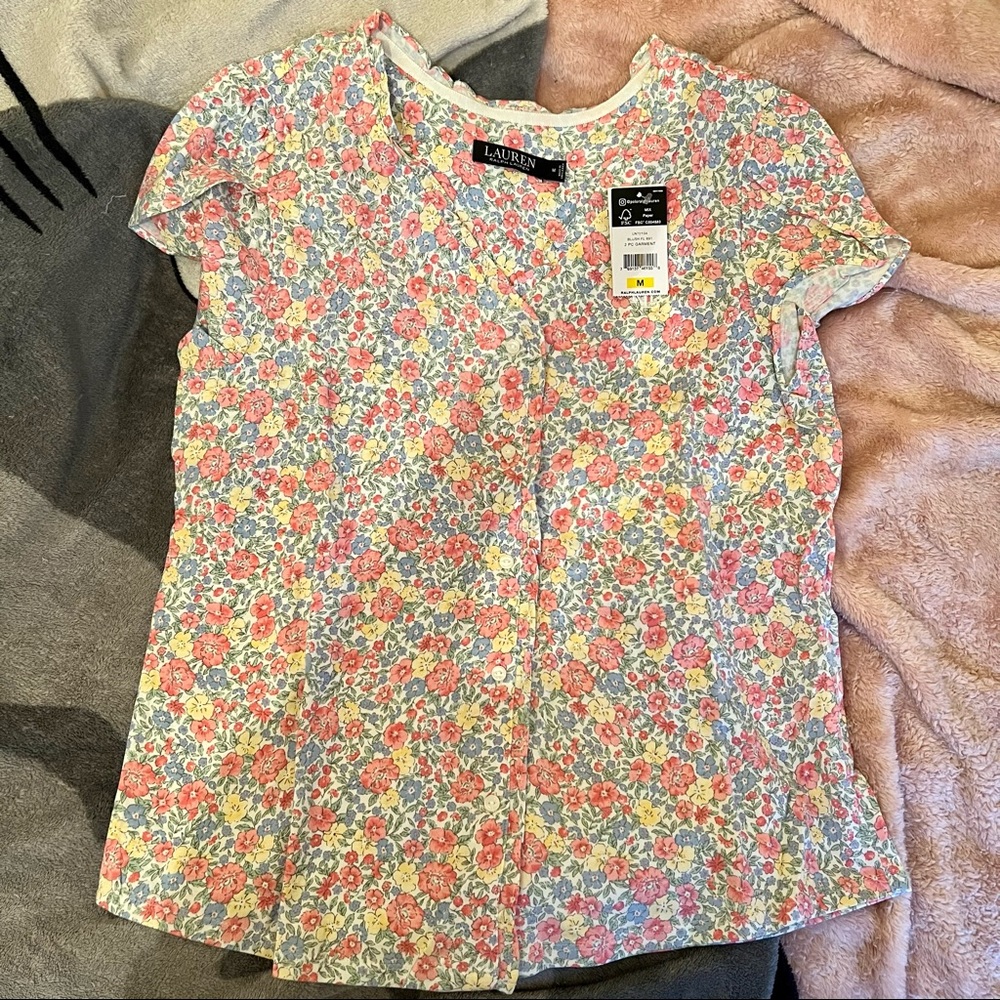 Ruffle Trim Floral Cotton Pajamas In Blush